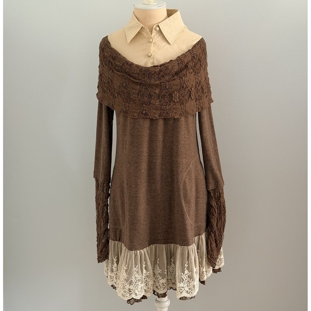 NWT A'REVE Boho Brown Tunic Dress Lace Trim Mori Kei Forrest Fairy Grunge Size M